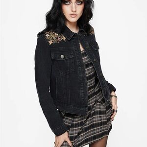 NWT Disturbia Nasturtium Floral Embroidered Black Denim Wash Jean Jacket US Sz 4